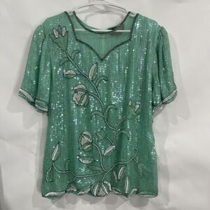 Vtg Royal Feelings Sz M Blouse Sequin Beaded Floral Top Sea Foam Green Cruise